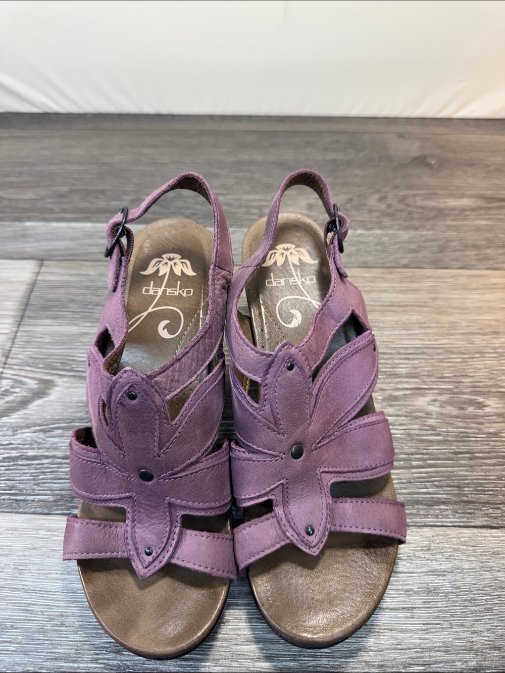 Dansko Plum Floral leather Cutout Slingback Sandals Sz 37 (h169)